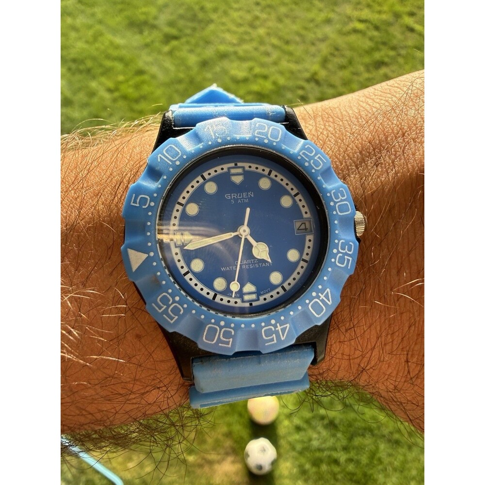 VTG 1980s GRUEN Divers Style Quartz watch 28mm Blue AS-IS